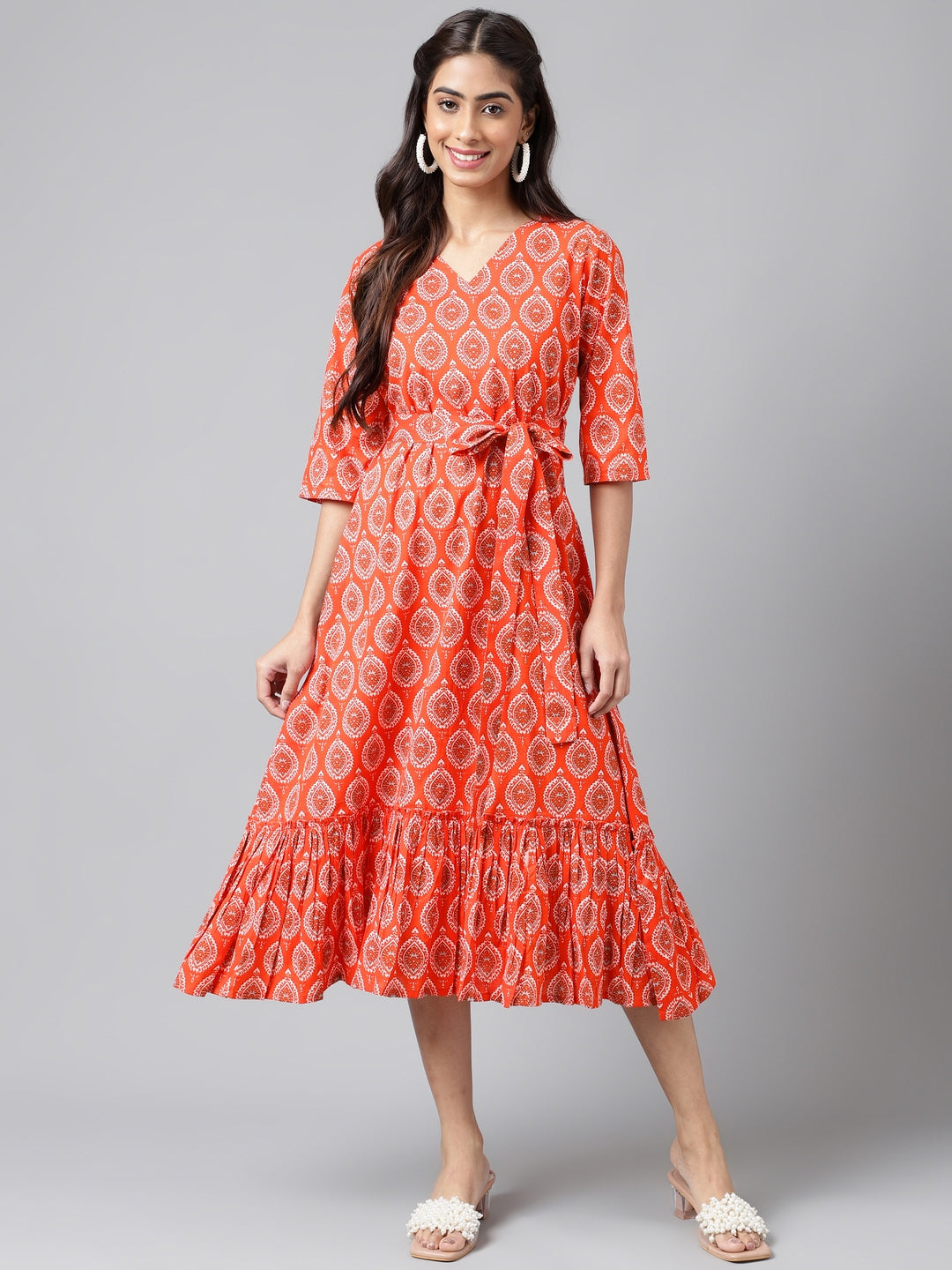 Janasya Women's Orange Cotton Ethnic Motifs Printed Ruffled Casual Dress | Grocsy