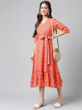 Janasya Women's Orange Cotton Ethnic Motifs Printed Ruffled Casual Dress | Grocsy