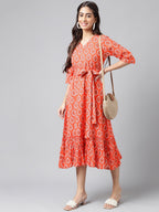 Janasya Women's Orange Cotton Ethnic Motifs Printed Ruffled Casual Dress | Grocsy