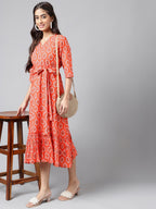 Janasya Women's Orange Cotton Ethnic Motifs Printed Ruffled Casual Dress | Grocsy