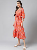 Janasya Women's Orange Cotton Ethnic Motifs Printed Ruffled Casual Dress | Grocsy