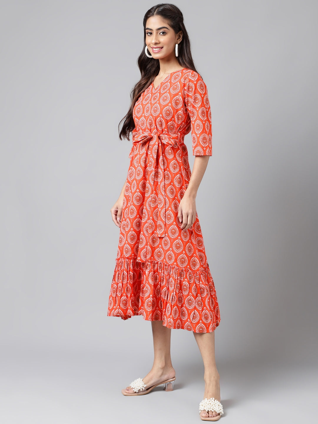 Janasya Women's Orange Cotton Ethnic Motifs Printed Ruffled Casual Dress | Grocsy