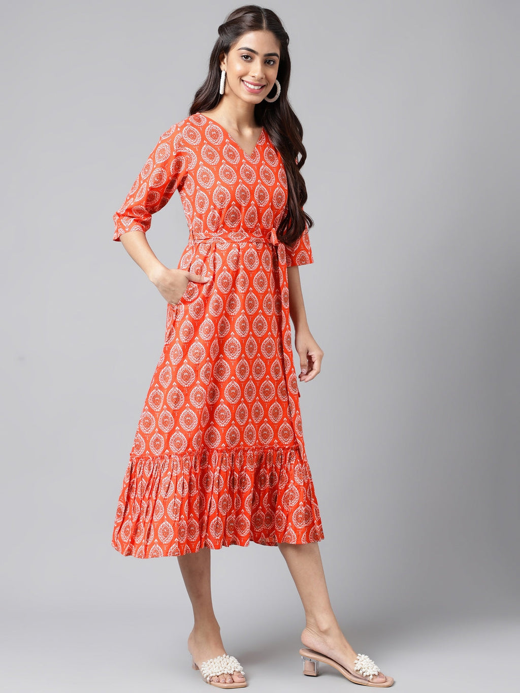 Janasya Women's Orange Cotton Ethnic Motifs Printed Ruffled Casual Dress | Grocsy