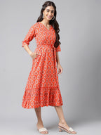 Janasya Women's Orange Cotton Ethnic Motifs Printed Ruffled Casual Dress | Grocsy