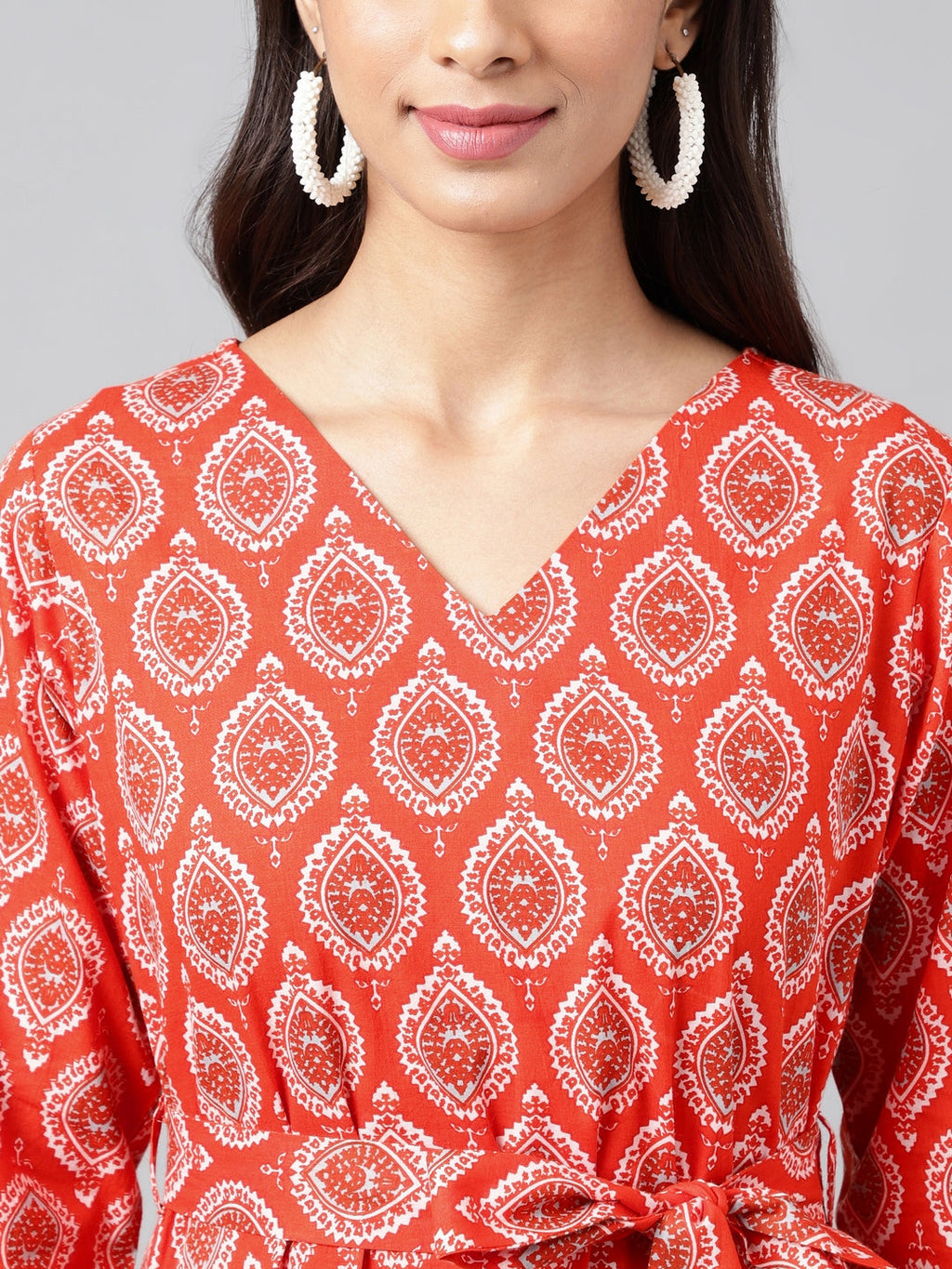Janasya Women's Orange Cotton Ethnic Motifs Printed Ruffled Casual Dress | Grocsy