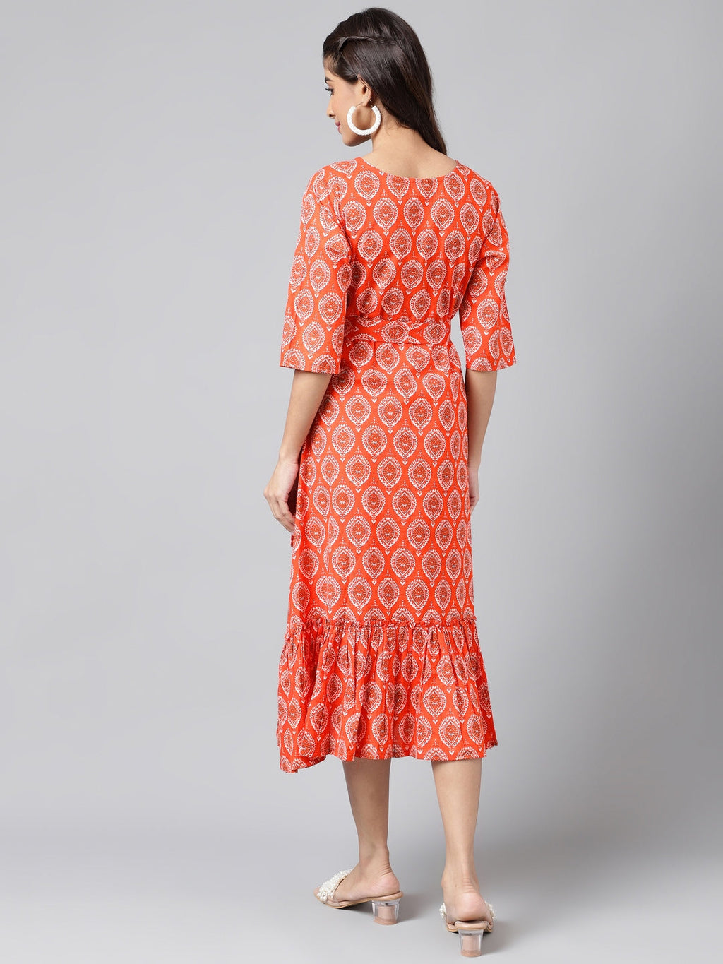 Janasya Women's Orange Cotton Ethnic Motifs Printed Ruffled Casual Dress | Grocsy