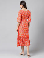 Janasya Women's Orange Cotton Ethnic Motifs Printed Ruffled Casual Dress | Grocsy