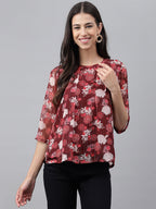Janasya Women's Maroon Chiffon Lurex Floral Printed Casual Regular Top | Grocsy