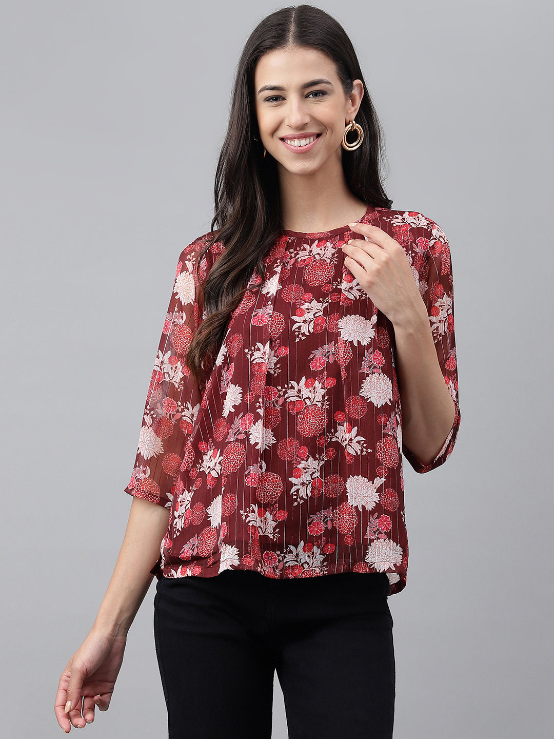 Janasya Women's Maroon Chiffon Lurex Floral Printed Casual Regular Top | Grocsy