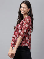 Janasya Women's Maroon Chiffon Lurex Floral Printed Casual Regular Top | Grocsy