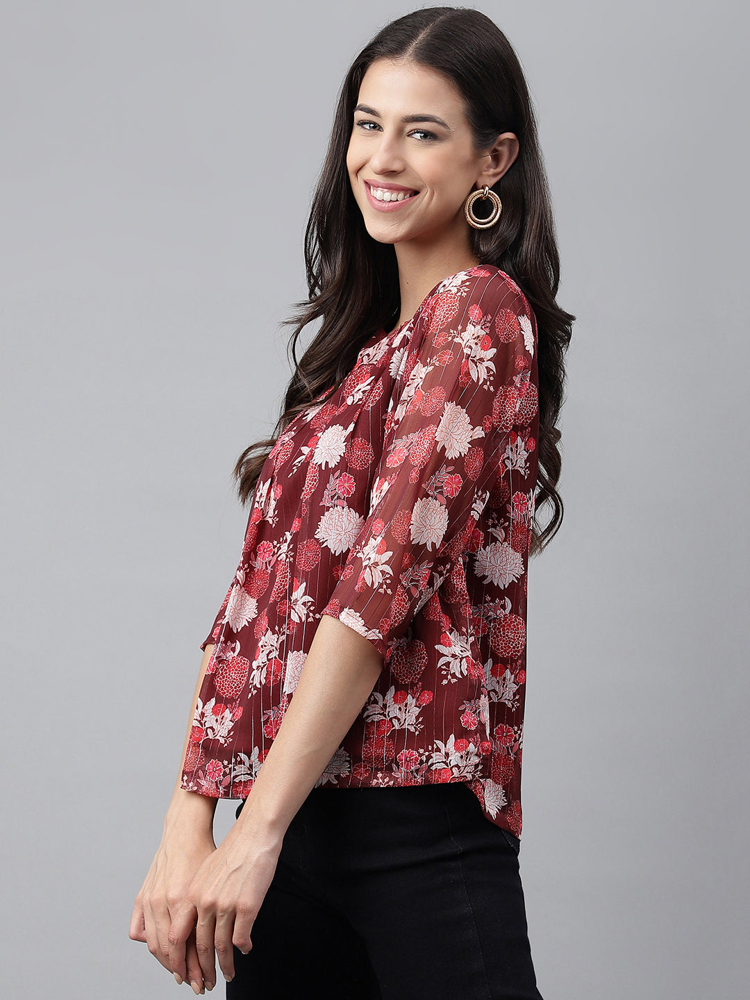 Janasya Women's Maroon Chiffon Lurex Floral Printed Casual Regular Top | Grocsy