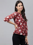 Janasya Women's Maroon Chiffon Lurex Floral Printed Casual Regular Top | Grocsy