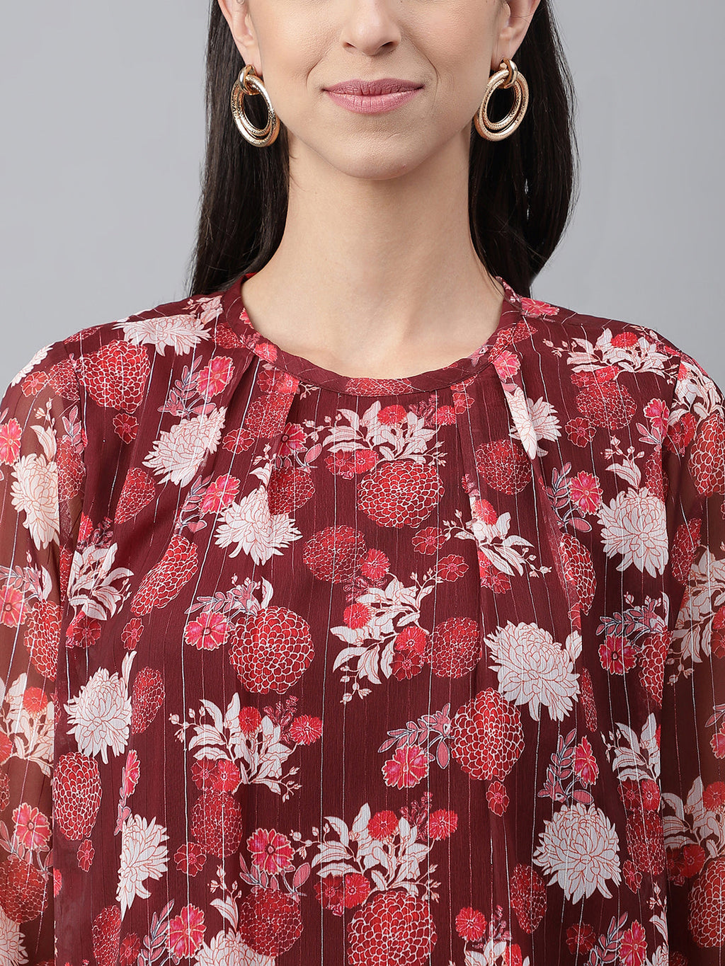 Janasya Women's Maroon Chiffon Lurex Floral Printed Casual Regular Top | Grocsy
