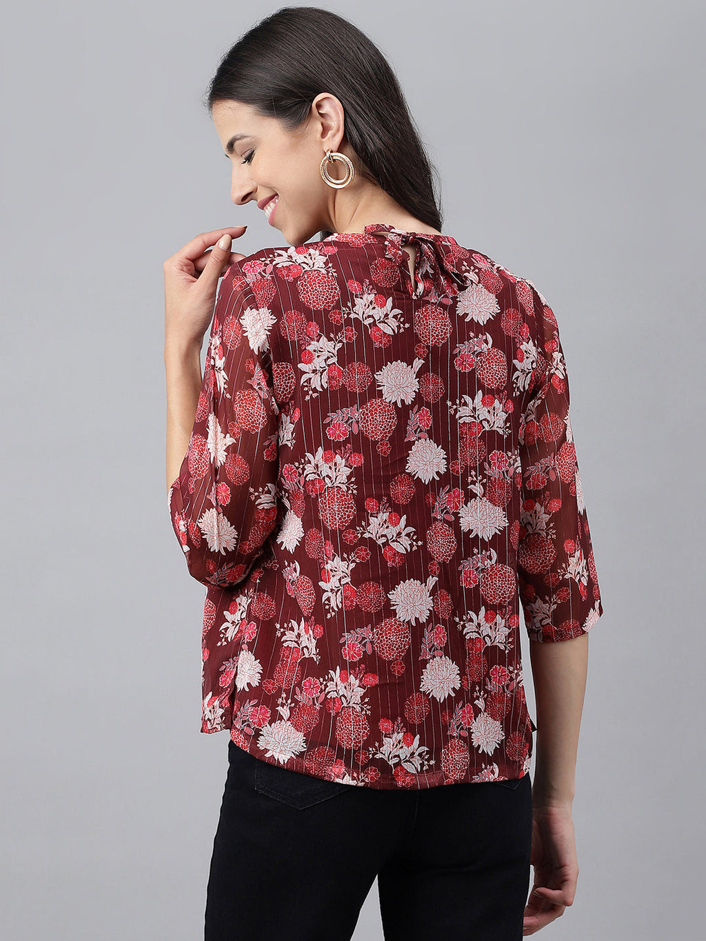 Janasya Women's Maroon Chiffon Lurex Floral Printed Casual Regular Top | Grocsy