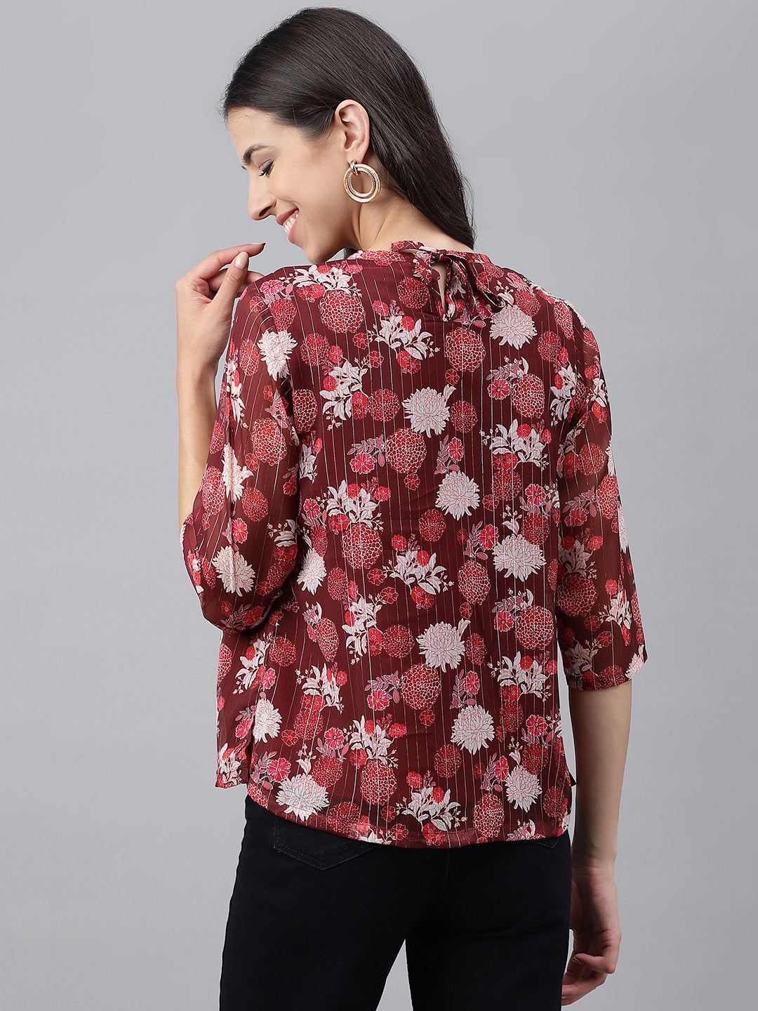 Janasya Women's Maroon Chiffon Lurex Floral Printed Casual Regular Top | Grocsy