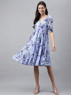 Janasya Women's Lavender Georgette Floral Printed Tiered Casual Dress | Grocsy