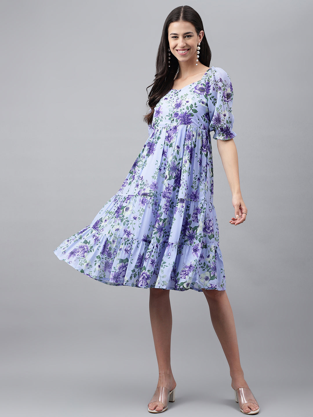 Janasya Women's Lavender Georgette Floral Printed Tiered Casual Dress | Grocsy