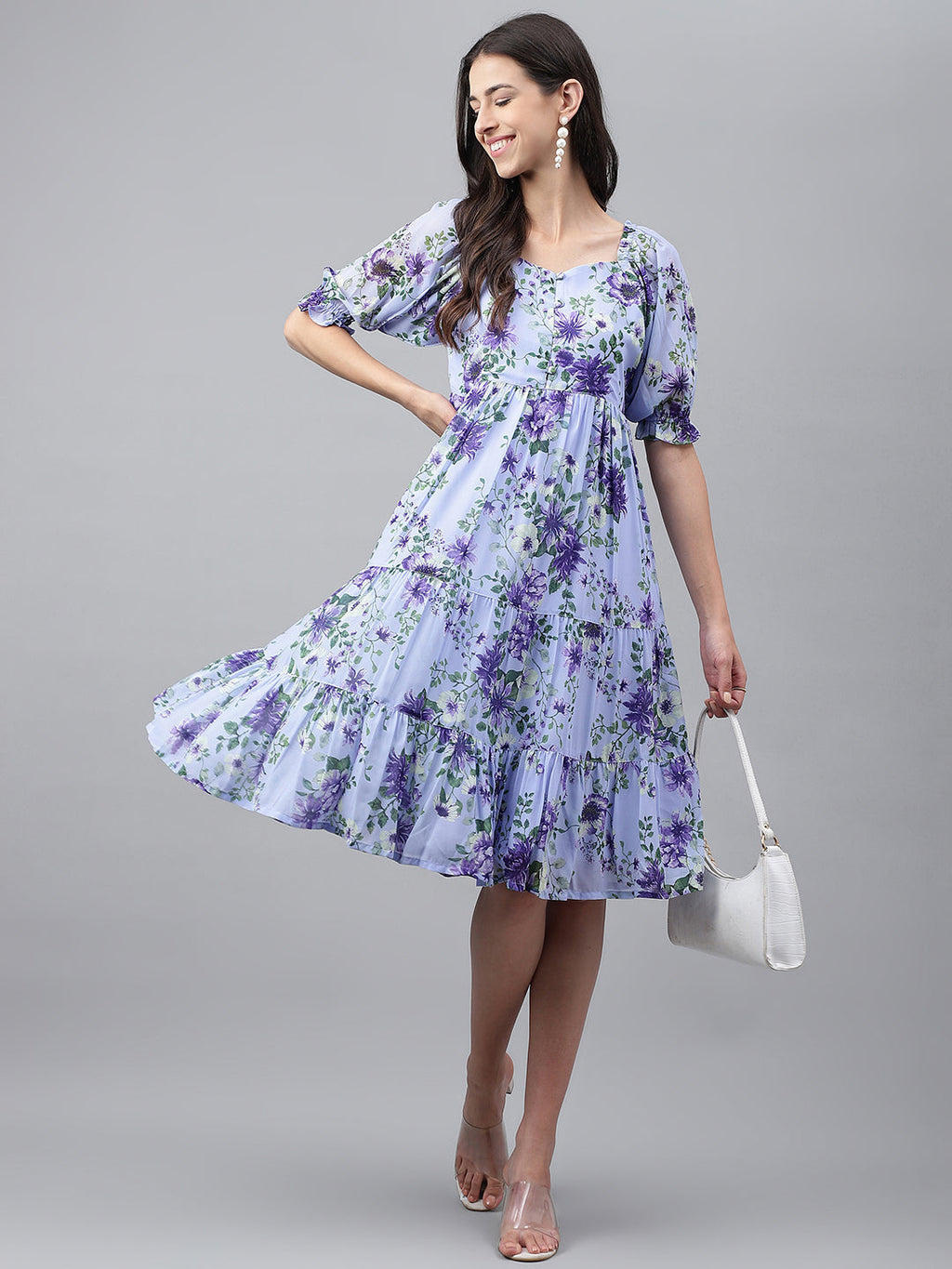 Janasya Women's Lavender Georgette Floral Printed Tiered Casual Dress | Grocsy