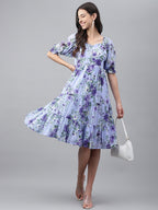 Janasya Women's Lavender Georgette Floral Printed Tiered Casual Dress | Grocsy