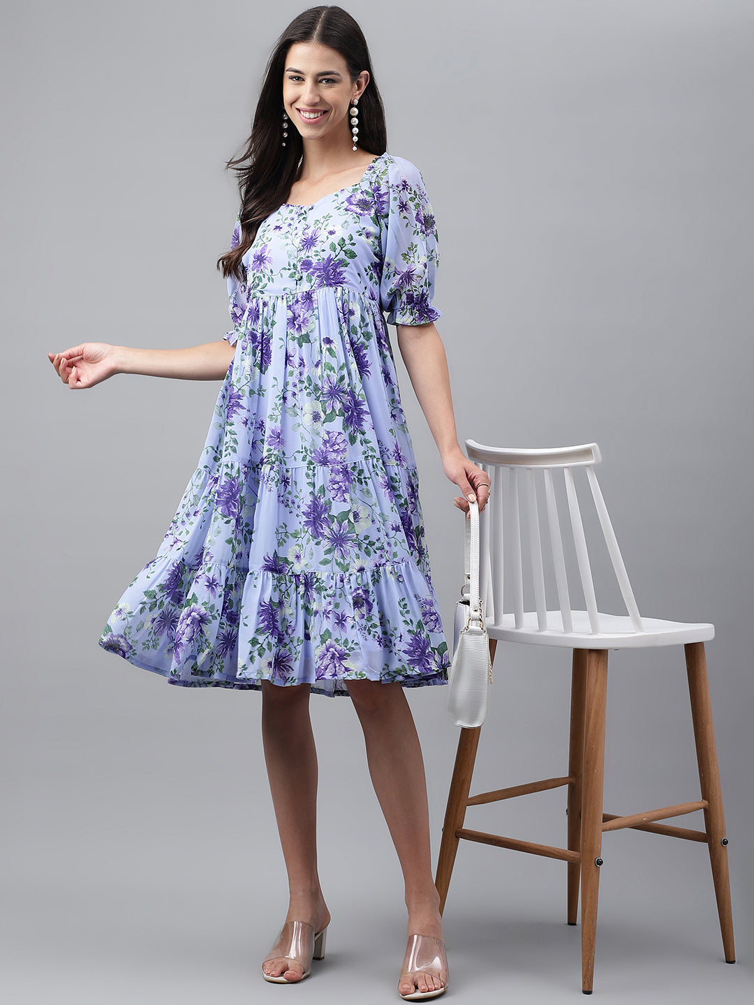 Janasya Women's Lavender Georgette Floral Printed Tiered Casual Dress | Grocsy