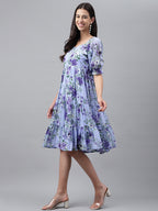 Janasya Women's Lavender Georgette Floral Printed Tiered Casual Dress | Grocsy