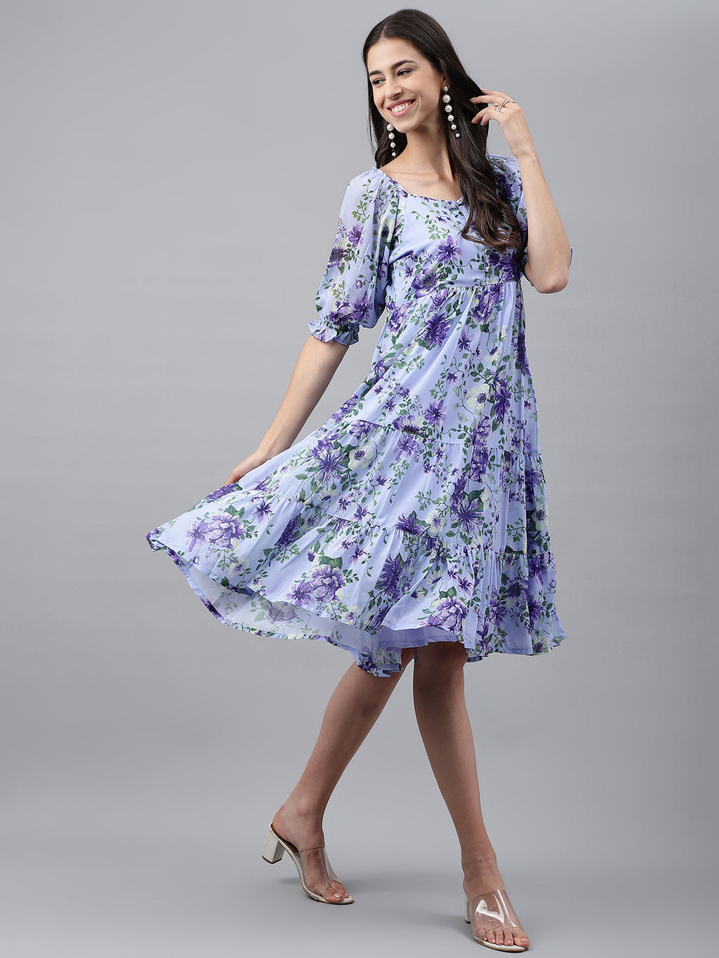 Janasya Women's Lavender Georgette Floral Printed Tiered Casual Dress | Grocsy