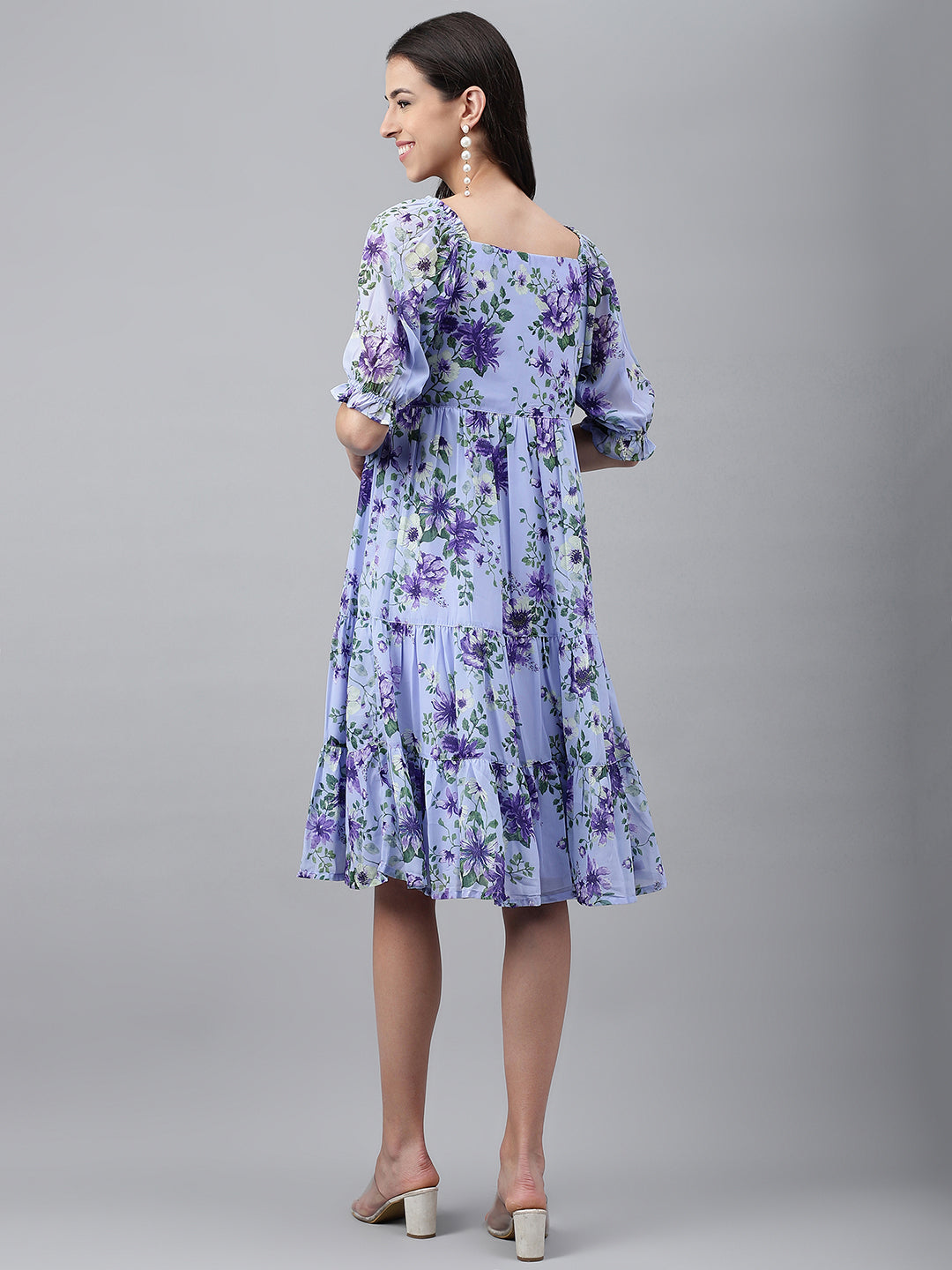 Janasya Women's Lavender Georgette Floral Printed Tiered Casual Dress | Grocsy