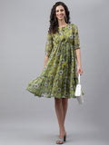 Janasya Women's Olive Green Chiffon Lurex Floral Printed Flared Casual Dress | Grocsy