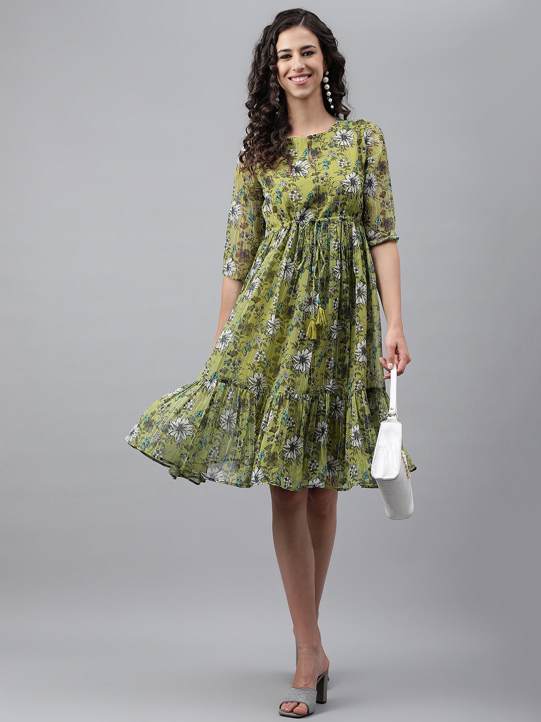 Janasya Women's Olive Green Chiffon Lurex Floral Printed Flared Casual Dress | Grocsy