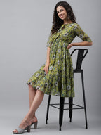Janasya Women's Olive Green Chiffon Lurex Floral Printed Flared Casual Dress | Grocsy