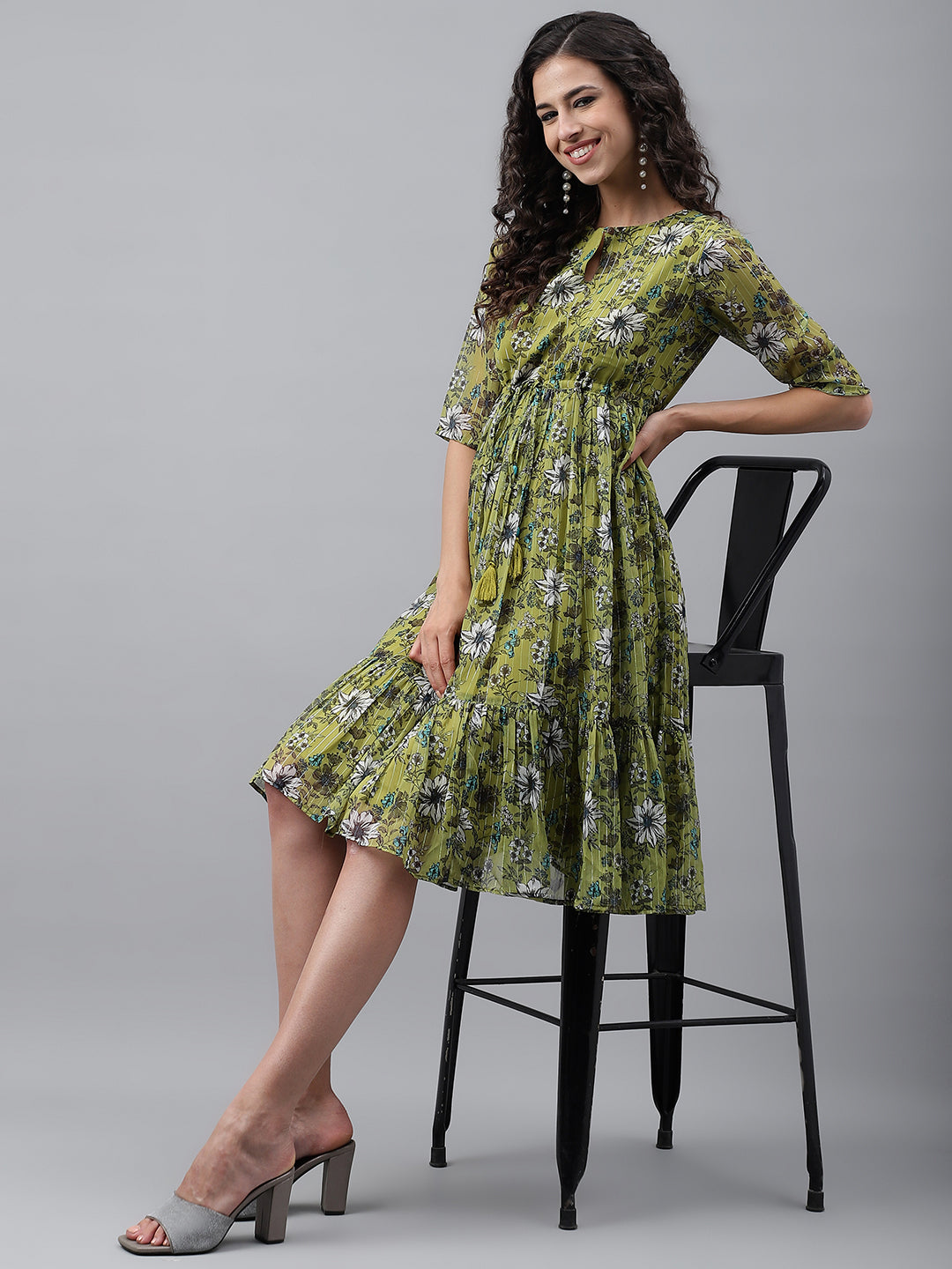 Janasya Women's Olive Green Chiffon Lurex Floral Printed Flared Casual Dress | Grocsy