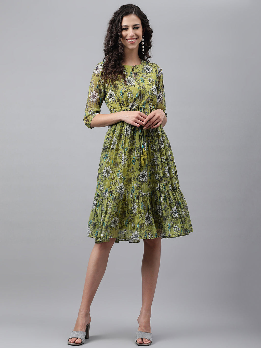 Janasya Women's Olive Green Chiffon Lurex Floral Printed Flared Casual Dress | Grocsy