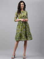 Janasya Women's Olive Green Chiffon Lurex Floral Printed Flared Casual Dress | Grocsy
