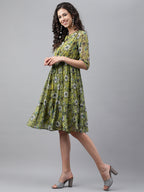 Janasya Women's Olive Green Chiffon Lurex Floral Printed Flared Casual Dress | Grocsy