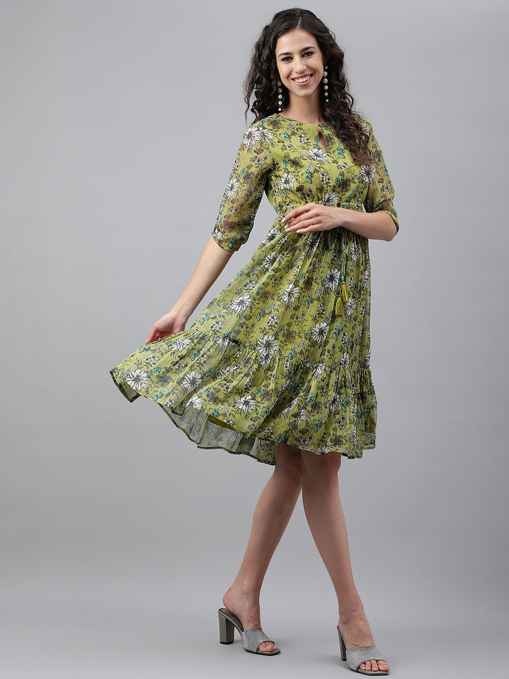 Janasya Women's Olive Green Chiffon Lurex Floral Printed Flared Casual Dress | Grocsy