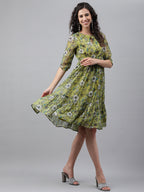 Janasya Women's Olive Green Chiffon Lurex Floral Printed Flared Casual Dress | Grocsy