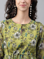 Janasya Women's Olive Green Chiffon Lurex Floral Printed Flared Casual Dress | Grocsy