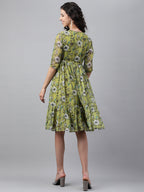 Janasya Women's Olive Green Chiffon Lurex Floral Printed Flared Casual Dress | Grocsy