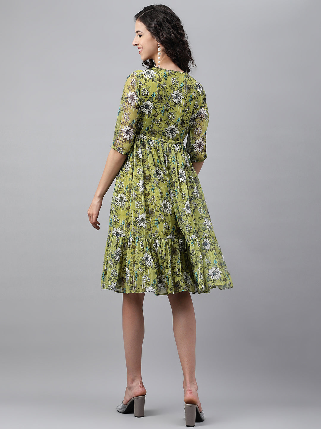 Janasya Women's Olive Green Chiffon Lurex Floral Printed Flared Casual Dress | Grocsy