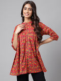 Janasya Women's Red Cotton Floral Printed Casual Empire Tunic | Grocsy