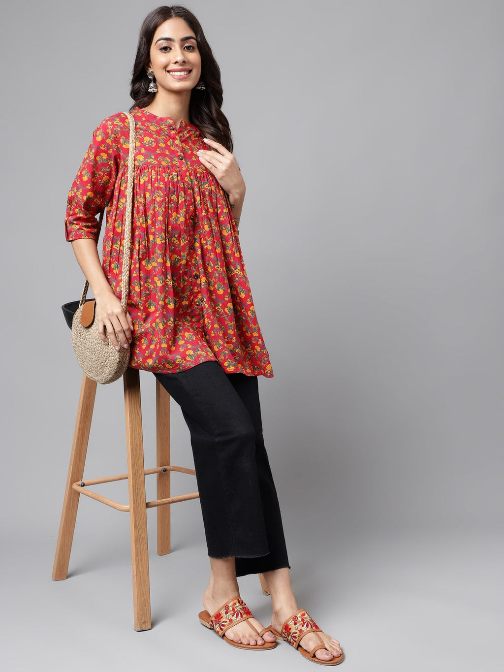 Janasya Women's Red Cotton Floral Printed Casual Empire Tunic | Grocsy