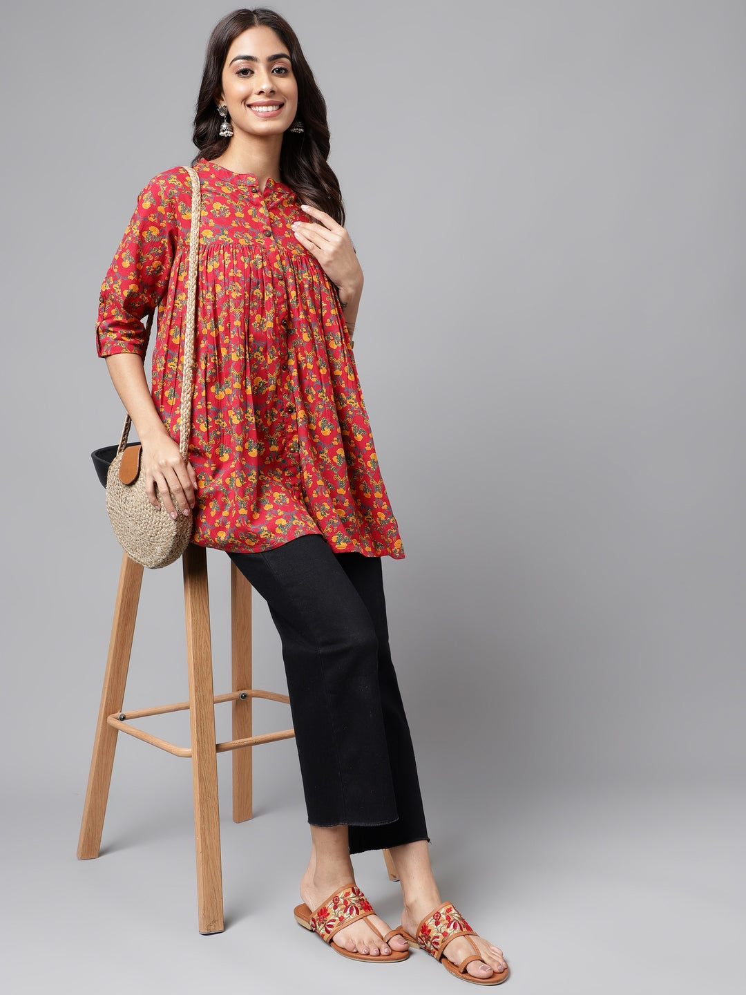 Janasya Women's Red Cotton Floral Printed Casual Empire Tunic | Grocsy