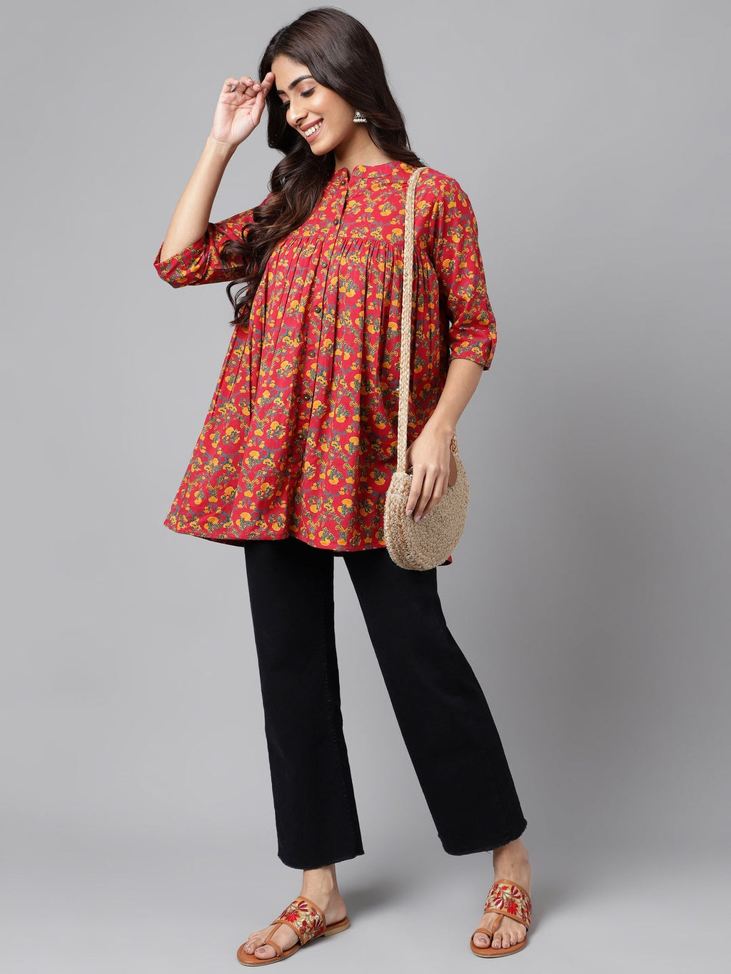 Janasya Women's Red Cotton Floral Printed Casual Empire Tunic | Grocsy