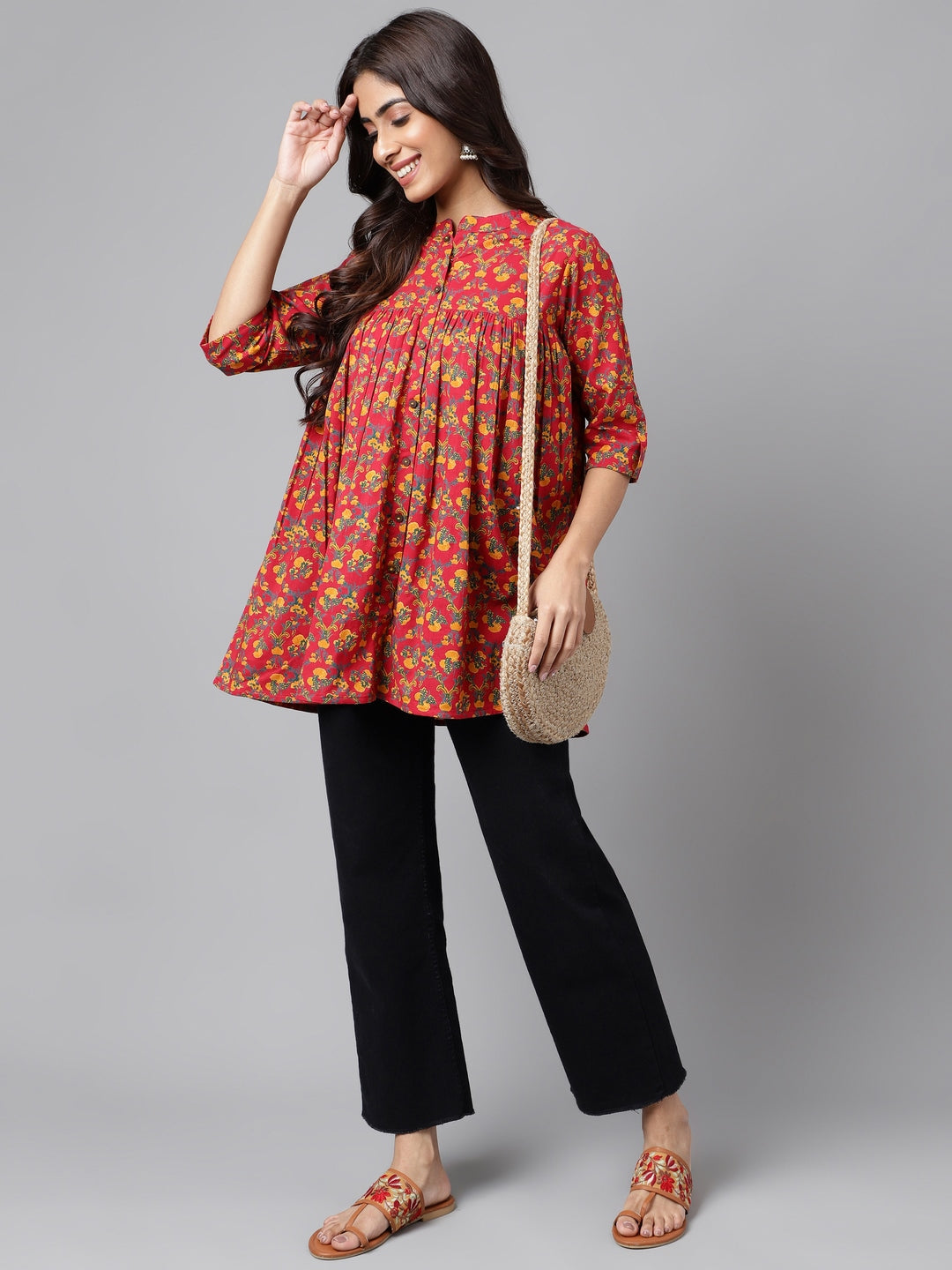 Janasya Women's Red Cotton Floral Printed Casual Empire Tunic | Grocsy