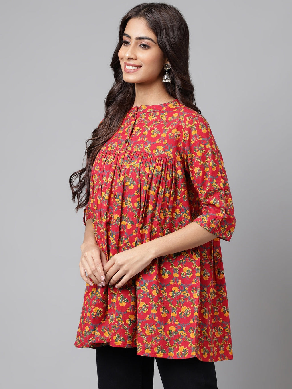Janasya Women's Red Cotton Floral Printed Casual Empire Tunic | Grocsy