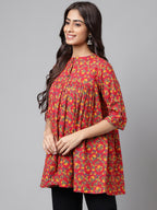 Janasya Women's Red Cotton Floral Printed Casual Empire Tunic | Grocsy