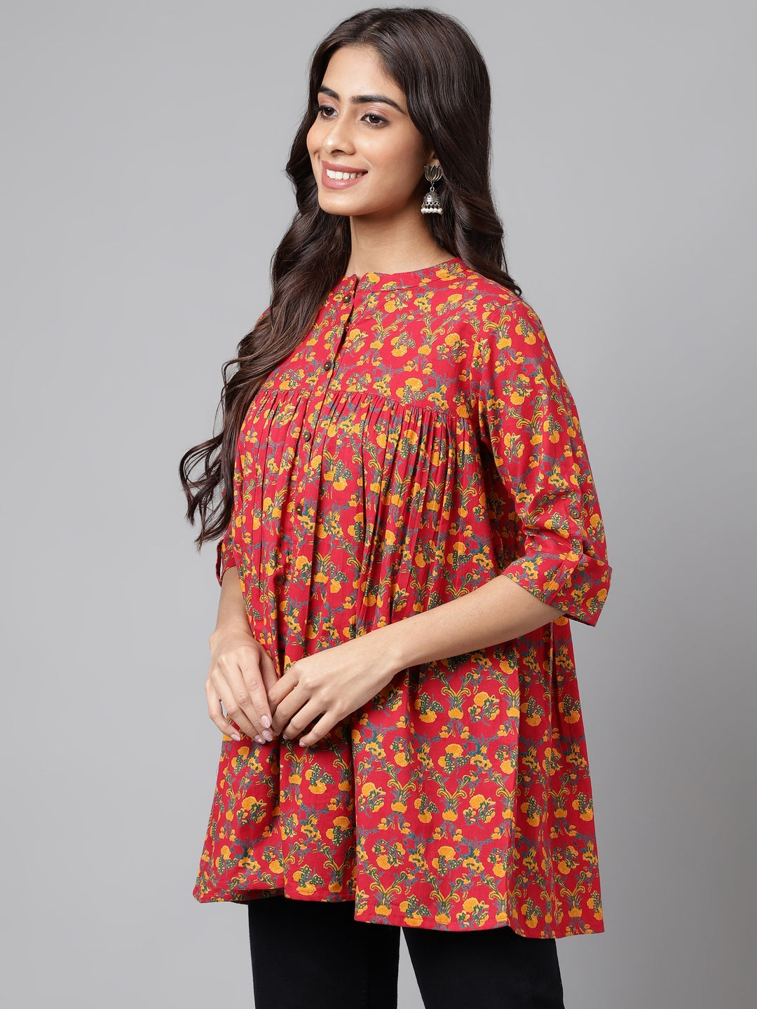 Janasya Women's Red Cotton Floral Printed Casual Empire Tunic | Grocsy
