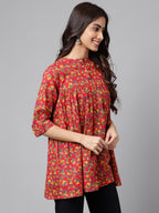 Janasya Women's Red Cotton Floral Printed Casual Empire Tunic | Grocsy
