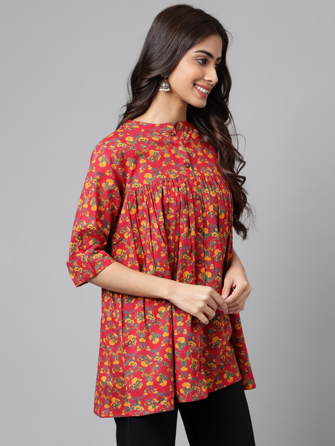 Janasya Women's Red Cotton Floral Printed Casual Empire Tunic | Grocsy