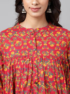 Janasya Women's Red Cotton Floral Printed Casual Empire Tunic | Grocsy